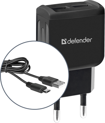 Мережевий зарядний пристрій Defender UPC-21, Black, 2xUSB, 2.1A, 5V, кабель microUSB, захист від перевантаження та короткого замикання (83581) 205331 фото