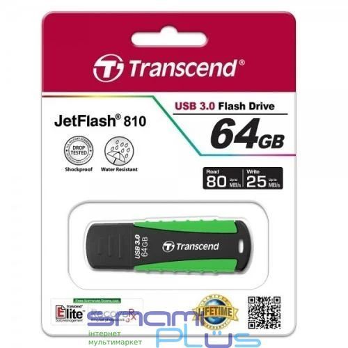 Флеш накопичувач USB 64Gb Transcend JetFlash 810, Black/Green, USB 3.1 Gen 1 (TS64GJF810) 180193 фото