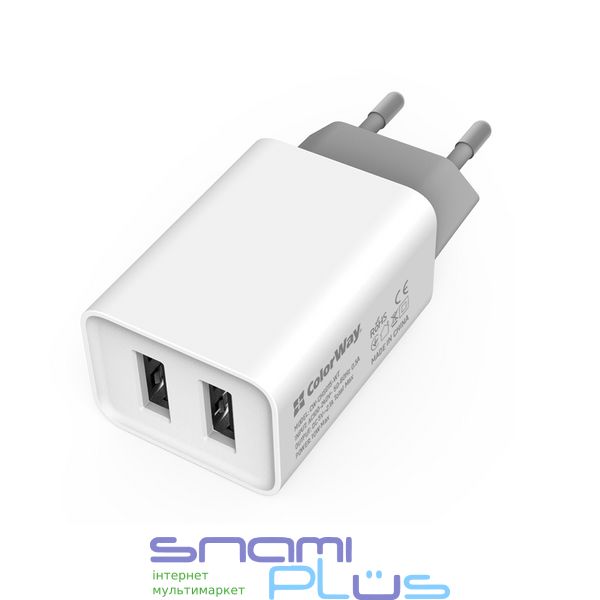 Мережевий зарядний пристрій ColorWay, White, 2xUSB, 2.1A, Quick Charge (CW-CHS015-WT) 207416 фото