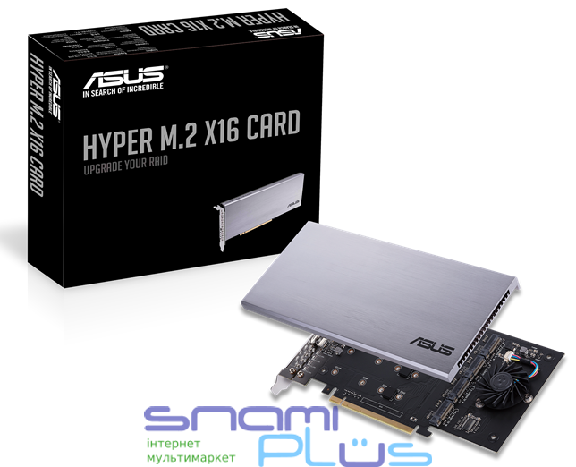 Плата-адаптер Asus Hyper M.2, PCI-E 16x 4.0, для 4 x SSD M.2 (ключ M), алюминиевый радиатор и термопрокладка (90MC08A0-M0EAY0) 218166 фото