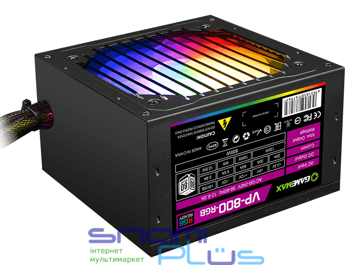 Блок питания 800 Вт, GameMax VP-800 RGB, Black, 80+ Bronze, Active PFC, 12 см, 3xMolex / 6xSATA / 2x2+6-pin / 1x4+4-pin / 1x20+4-pin, защита OVP / UVP / OCP / OLP / OPP / SCP (VP-800-RGB) 217802 фото