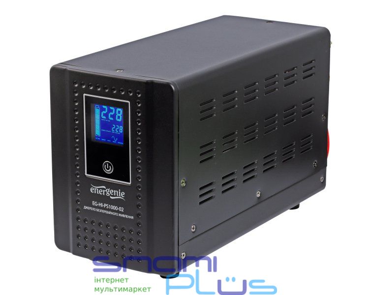 Источник бесперебойного питания EnerGenie EG-HI-PS1000-02, Black, 1000 VA/600 Вт, инвертор, чистая синусоида, 2x розетки Schuko, ЖК-индикатор статуса, внешняя батарея 263764 фото