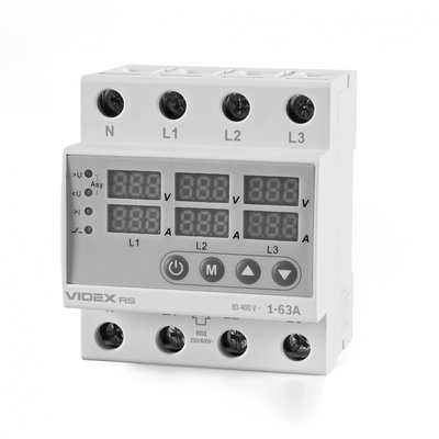 Реле контролю напруги та струму Videx 'RESIST', White, 1-63A, 80V-400V, 45/65 Hz, трифазне, 4 полюси, модульний (Din-рейка), переріз кабелю 1.5-16 мм², IP40 (VF-RS-3RNT63) 273987 фото