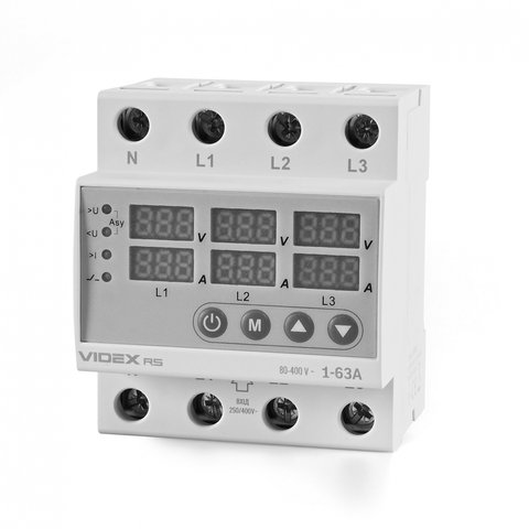 Реле контролю напруги та струму Videx 'RESIST', White, 1-63A, 80V-400V, 45/65 Hz, трифазне, 4 полюси, модульний (Din-рейка), переріз кабелю 1.5-16 мм², IP40 (VF-RS-3RNT63) 273987 фото