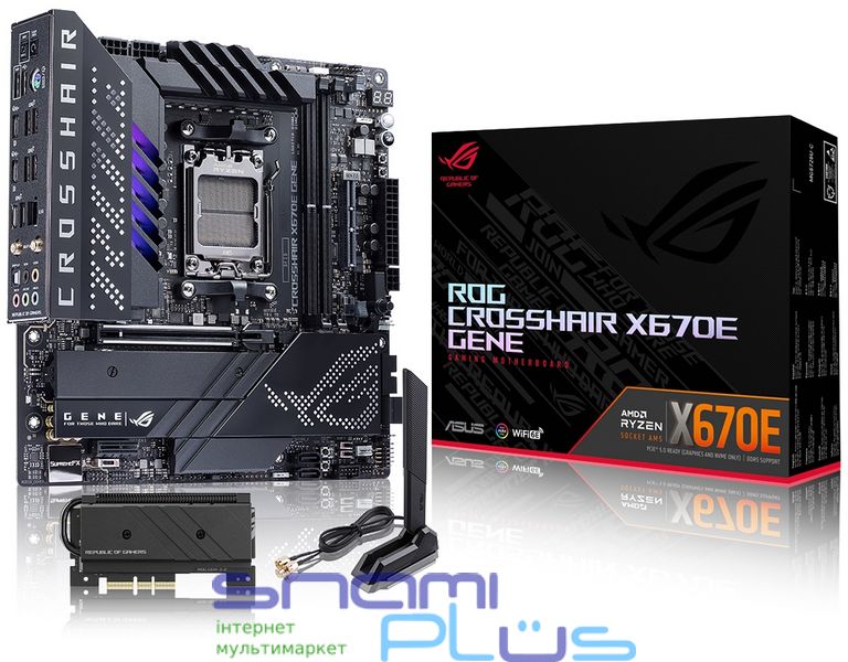 Материнская плата AM5 Asus ROG CROSSHAIR X670E GENE, X670, 2xDDR5, Int.Video (CPU), 4xSATA3, 3xM.2, 1xPCI-E 5.0 16x, 1xPCI-E 4.0 1x, ALC4080, Intel 2.5Gb, WiFi 6, Bluetooth 5.2, 2xUSB4.0/8xUSB3.2/4xUSB2.0, 2xType-C, MicroATX 253715 фото