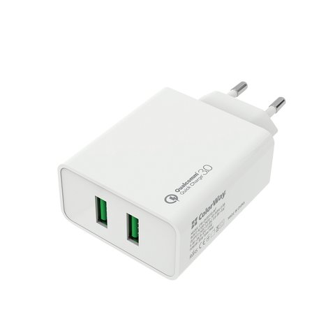 Мережевий зарядний пристрій ColorWay, White, 2xUSB, 2.4A, Quick Charge (CW-CHS017Q-WT) 207418 фото
