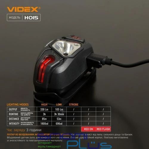Фонарь налобный Videx H015, Black, 330 лм, 5000K, до 85 м, 5 режимов работы (VLF-H015) 239188 фото