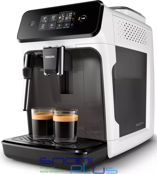 Кавомашина Philips Series 1200 EP1223/00, White/Black, 1500W, сенсорне управління, вбудована кавомолка, меню: капучино (ручне), еспресо, американо, окріп, одночасне приготування двох чашок, регулювання міцності кави, температури кави, 12 ступеней помелу 251708 фото