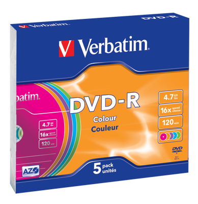 Диск DVD-R Slim Verbatim, 4.7Gb, 16x, Colour, 5 шт, Slim Case (43557) 201384 фото