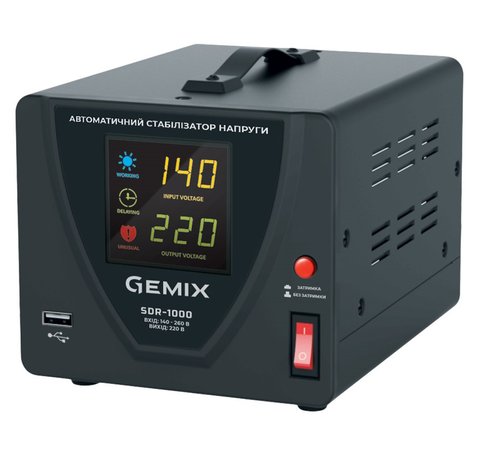 Стабілізатор Gemix SDR-1000 1000VA (700 Вт), вхід. напруга 140-260В, вих напруга 220В + - 6,8% 50 Гц, цифрові індикатори 261862 фото