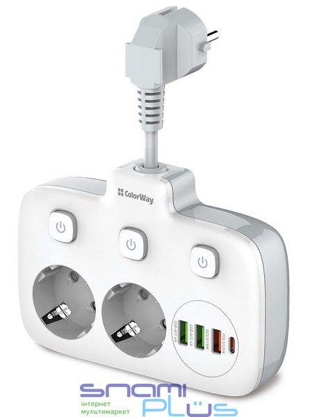 Фильтр сетевой 0.025 м, СolorWay, White, 2xРозетки 220V, 3xUSB, 1xType-C, 10A, до 2.5 кВт, USB Auto ID, QC3.0, PD (CW-CHE24PDW) 259595 фото