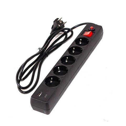 Фильтр сетевой GTL EU05FK, 5 розеток, 3 м, Black, 1xType-C / 1xUSB (GTL-XH-EU05FK-3B) 323546 фото