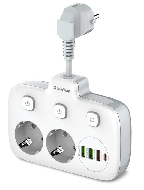 Фільтр мережевий 0.025 м, СolorWay, White, 2xРозетки 220V, 3xUSB, 1xType-C, 10A, до 2.5 кВт, USB Auto ID, QC3.0, PD (CW-CHE24PDW) 259595 фото