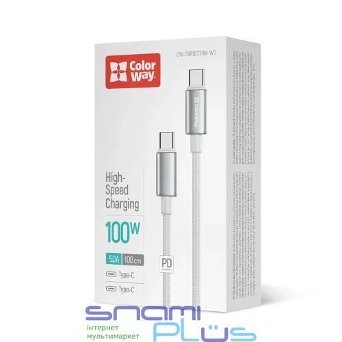 Кабель Type-C - Type-C, 1 м, White, ColorWay, 100 Вт, 5A, Zinc Alloy (CW-CBPDCC098-WT) 328045 фото